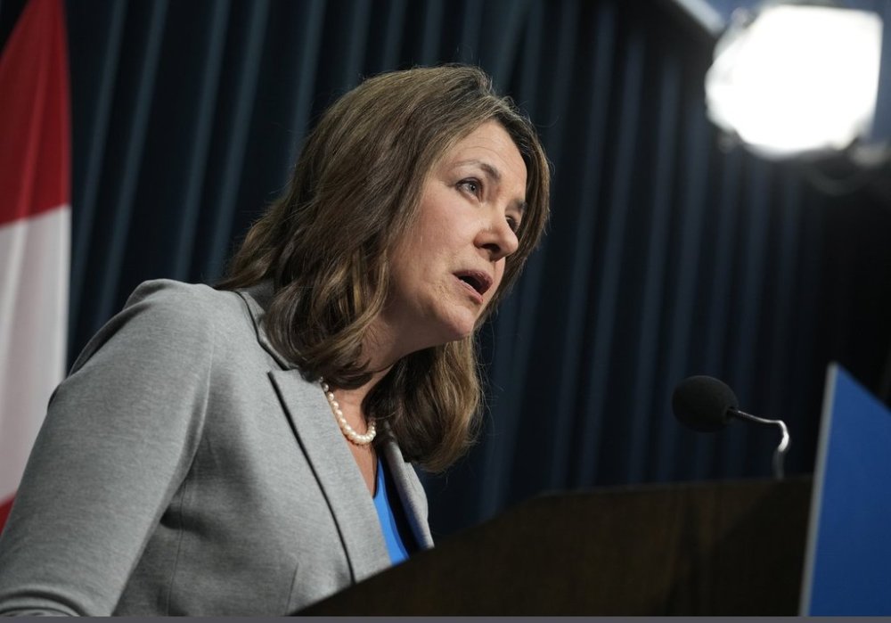 Alberta Premier Danielle Smith answers questions at a news conference in Calgary on Thursday, February 1, 2024. THE CANADIAN PRESS/Todd Korol