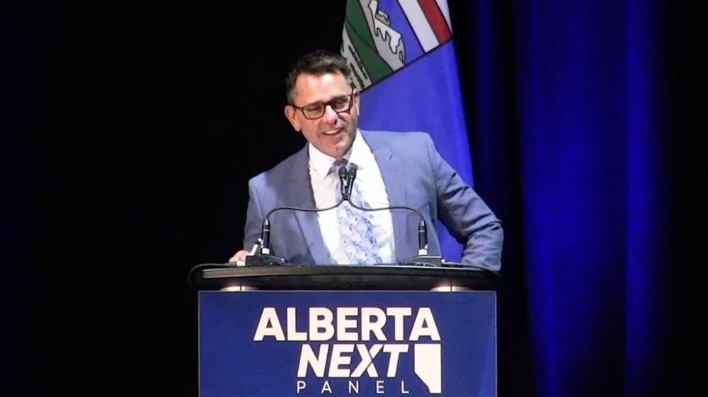 The moderator of Premier Danielle Smith's Alberta Next panel is apologizing after he told a teen at a town hall that his parents should spank him. Bruce McAllister, seen in this still from video on Monday, Sept. 29, 2025, says he regrets the comment and he's committed to making sure the panel's events are respectful and constructive. THE CANADIAN PRESS/Handout - YouTube, Alberta Government (Mandatory Credit)