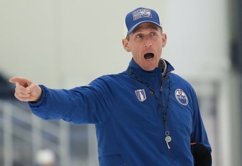 Edmonton Oilers head coach Kris Knoblauch yells during practice at the NHL Stanley Cup final in Fort Lauderdale, Fla., on Tuesday, June 10, 2025. THE CANADIAN PRESS/Nathan Denette
