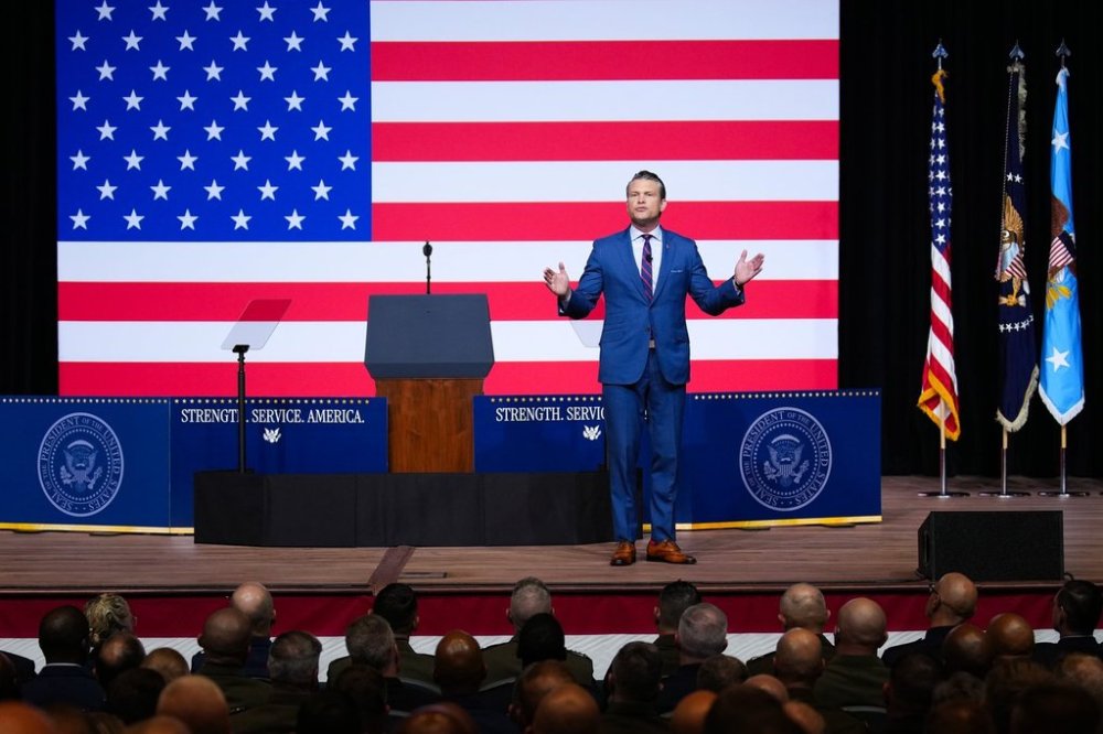 Secretary of Defense Pete Hegseth speaks to senior military leaders at Marine Corps Base Quantico, Tuesday, Sept. 30, 2025 in Quantico, Va. (Andrew Harnik/Pool via AP)