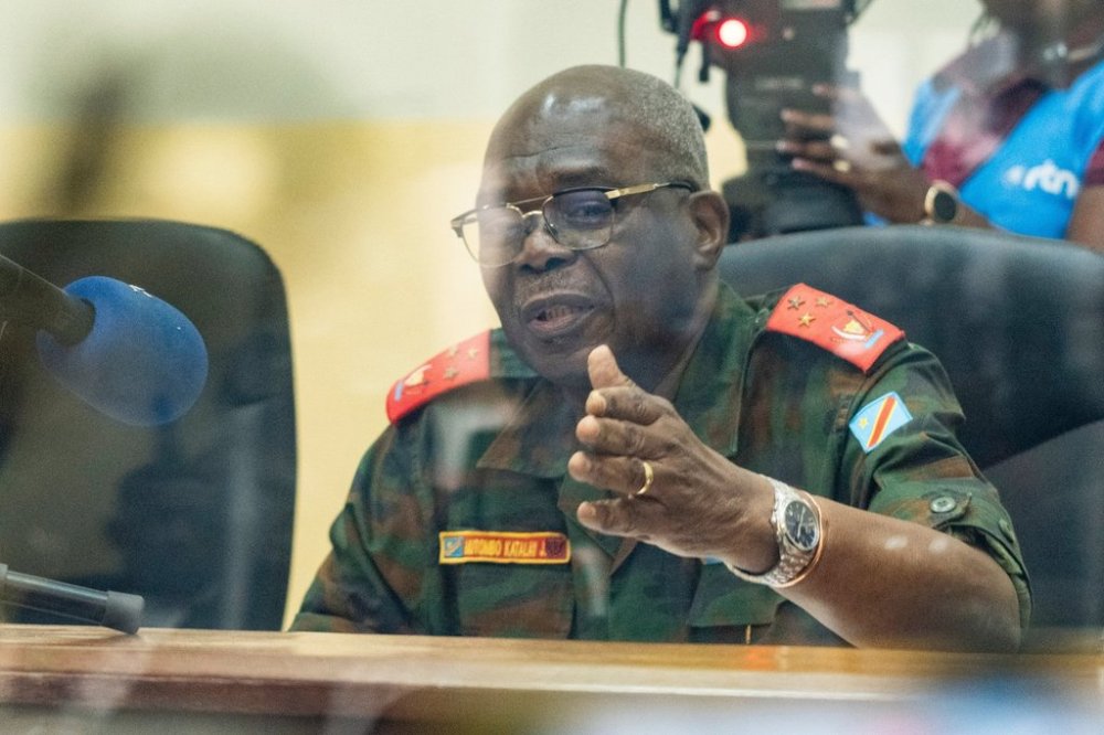 Lieutenant General Mutombo Katalayi, president of the court, speaks during the verdict in the trial of former Congolese President Joseph Kabila at the military court in Kinshasa, Democratic Republic of Congo, Tuesday, Sept. 30, 2025 (AP Photo/Samy Ntumba Shambuyi)