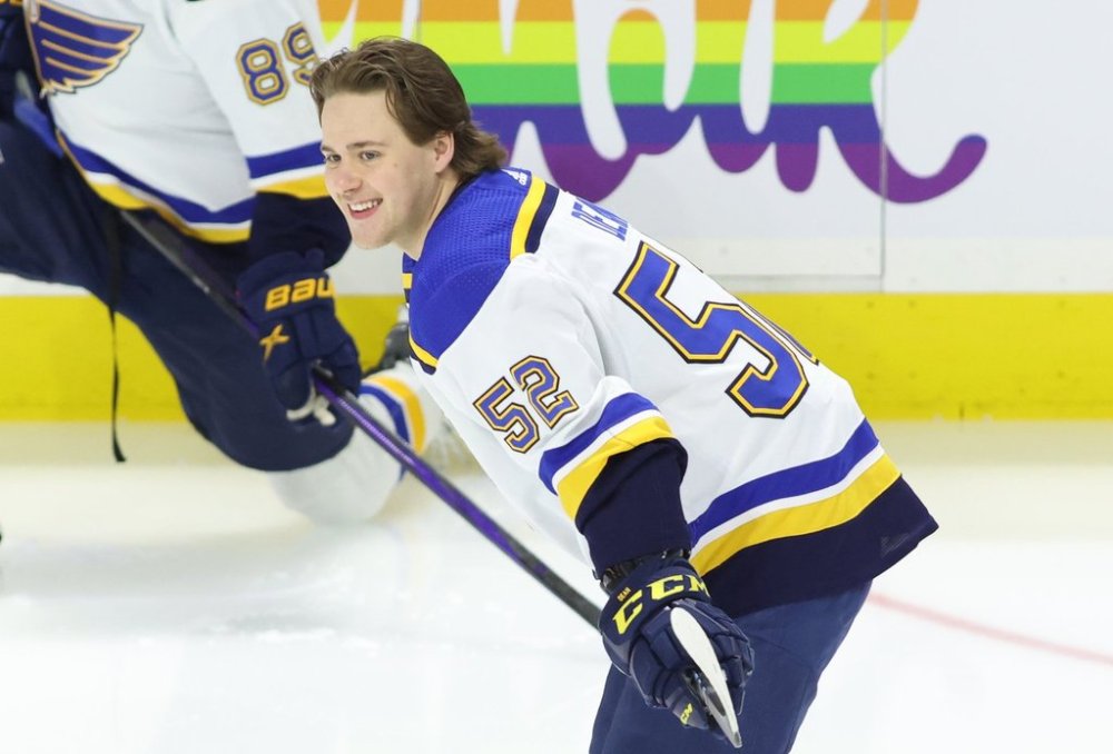 St. Louis Blues' Zach Dean (52) skates during the warm-up before NHL hockey action against the Ottawa Senators in Ottawa on Thursday, March 21, 2024. THE CANADIAN PRESS/ Patrick Doyle