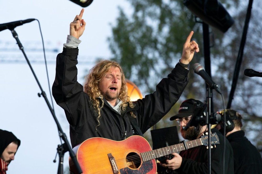 FILE - Christian musician Sean Feucht of California sings to the crowd during a rally at the National Mall in Washington, Sunday, Oct. 25, 2020. (AP Photo/Jose Luis Magana, file)