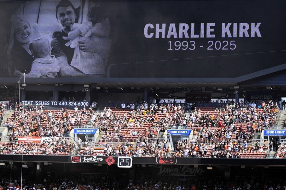 A memorial for Charlie Kirk is seen at Huntington Bank Field during the first half of an NFL football game between the Green Bay Packers and the Cleveland Browns Sunday, Sept. 21, 2025, in Cleveland. (AP Photo/David Richard)