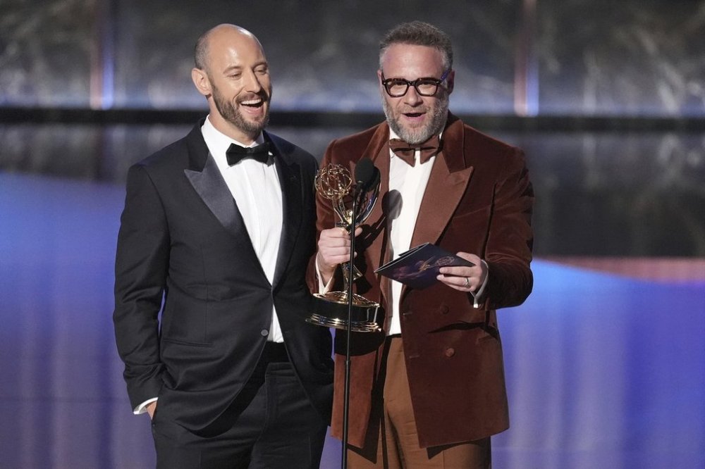 Evan Goldberg, left, and Seth Rogen accept the award for outstanding directing for a comedy series for