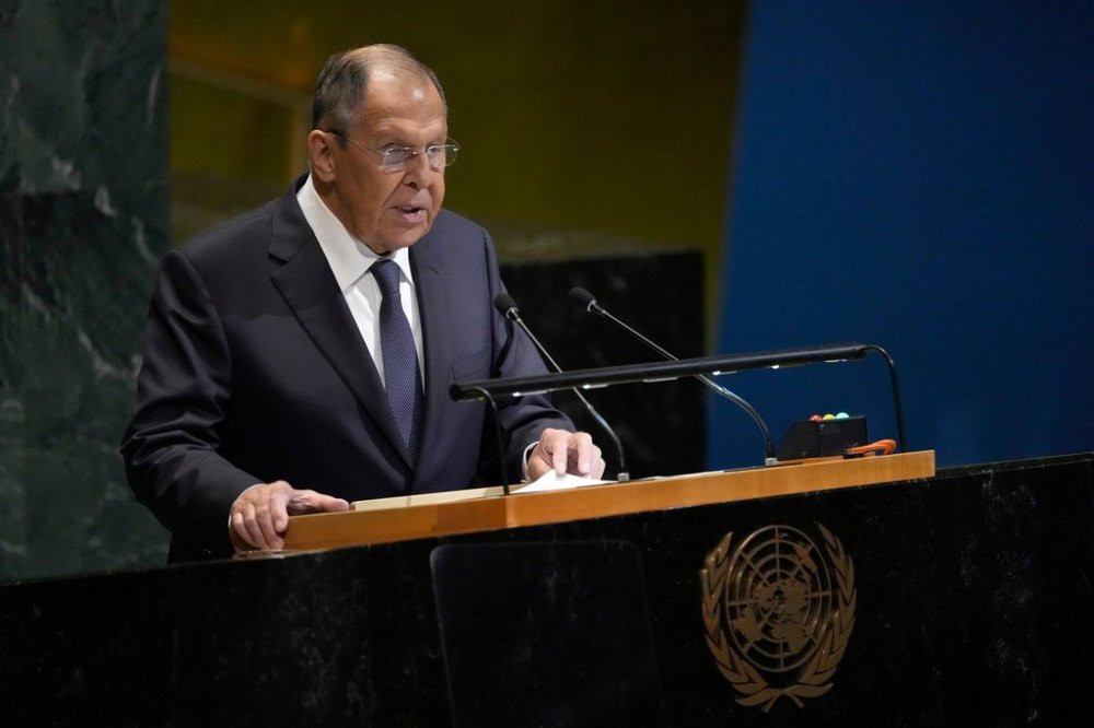 Russia's Minister for Foreign Affairs Sergey Lavrov addresses the 80th session of the United Nations General Assembly, Saturday, Sept. 27, 2025, at U.N. headquarters. (AP Photo/Pamela Smith)