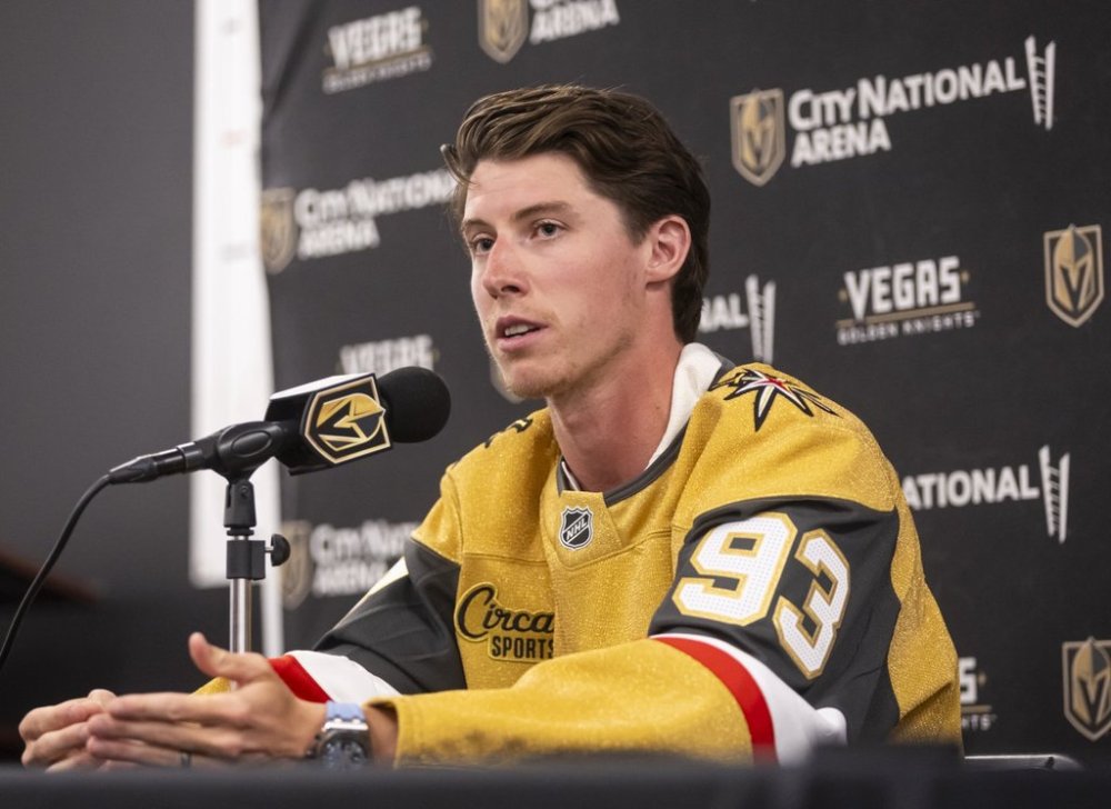 FILE - Golden Knights forward Mitch Marner speaks with the media during an NHL hockey news conference at City National Arena, Tuesday, July 1, 2025, in Las Vegas. (Chase Stevens/Las Vegas Review-Journal via AP)