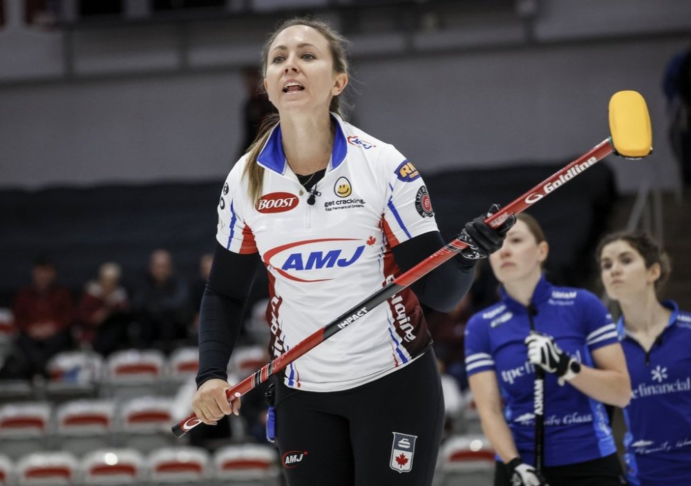 Team Homan skip Rachel Homan reacts to her shot against Team Brown during the women's final at the PointsBet Invitational in Calgary, Sunday, Oct. 5, 2025. THE CANADIAN PRESS/Jeff McIntosh