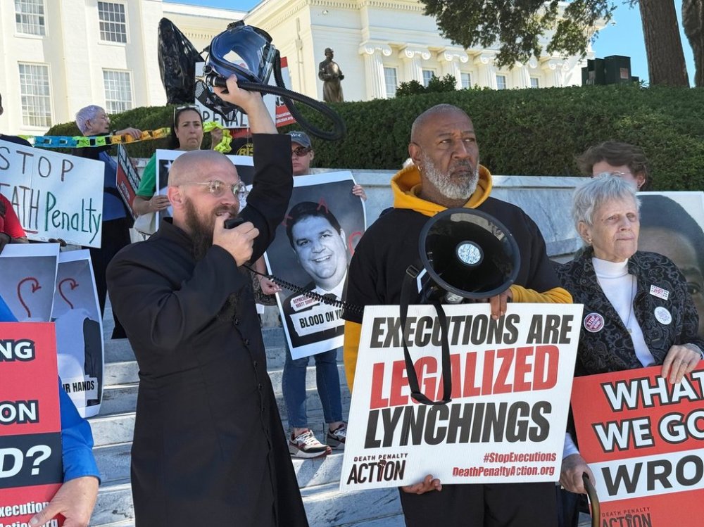 The Rev. Jeff Hood speaks at a protest against the death penalty on Wednesday, Oct. 22, 2025, at the Alabama Capitol in Montgomery, Ala. (AP Photo/Kim Chandler)