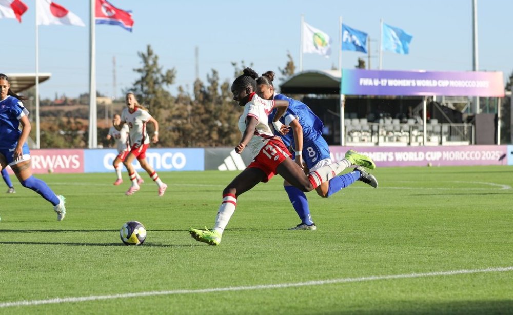 Melyna Alexis, a 15-year-old forward, takes a shot in Canada's 6-0 win over Samoa in Group D play at the FIFA U-17 Women's World Cup in Sale, Morocco, on Wednesday, Oct. 22, 2025. THE CANADIAN PRESS/Handout - Canada Soccer, John Bruce (Mandatory Credit)