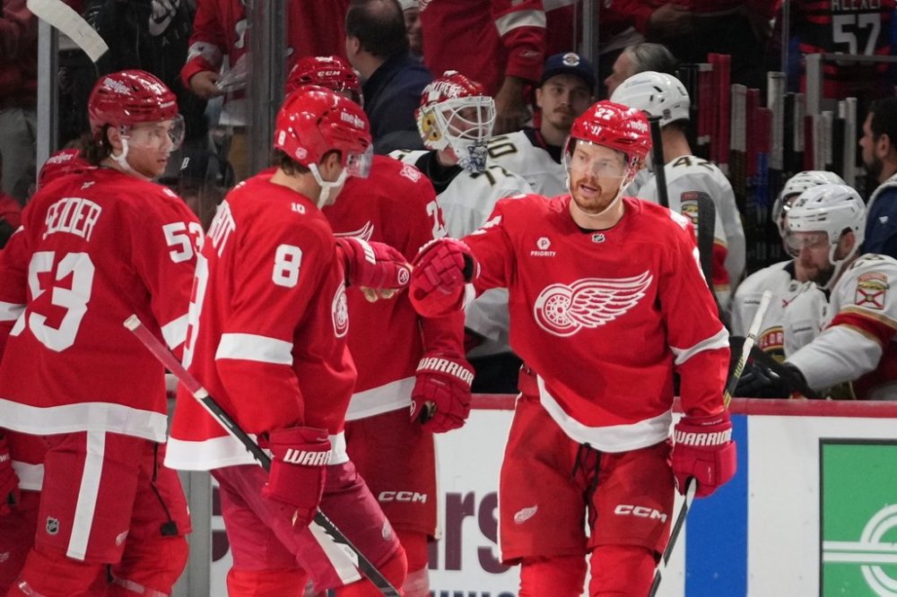 Detroit Red Wings center Mason Appleton (22) celebrates his goal with Ben Chiarot (8) against the Florida Panthers in the third period of an NHL hockey game Wednesday, Oct. 15, 2025, in Detroit. (AP Photo/Paul Sancya)