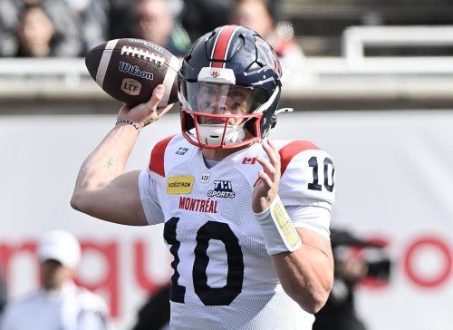 Montreal Alouettes quarterback Davis Alexander throws a pass during first half CFL football action against the Ottawa Redblacks in Montreal, Monday, Oct. 13, 2025. THE CANADIAN PRESS/Graham Hughes