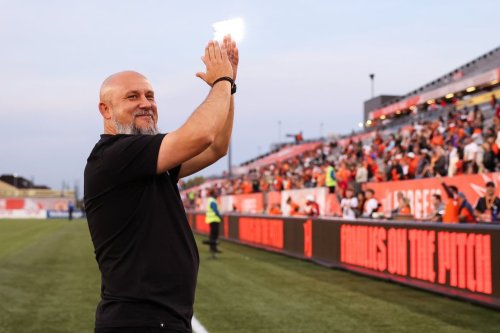 Forge FC coach Bobby Smyrniotis is shown after Forge's 3-0 win over York United FC in the Canadian Premier League regular-season finale Oct. 18, 2025, at Hamilton Stadium. THE CANADIAN PRESS/Handout - Canadian Premier League - Michael Chisholm. (Mandatory credit)