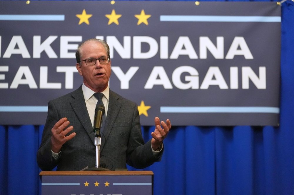 FILE - Indiana Gov. Mike Braun speaks during a Make Indiana Healthy Again initiative event in Indianapolis, April 15, 2025. (AP Photo/Michael Conroy, file)