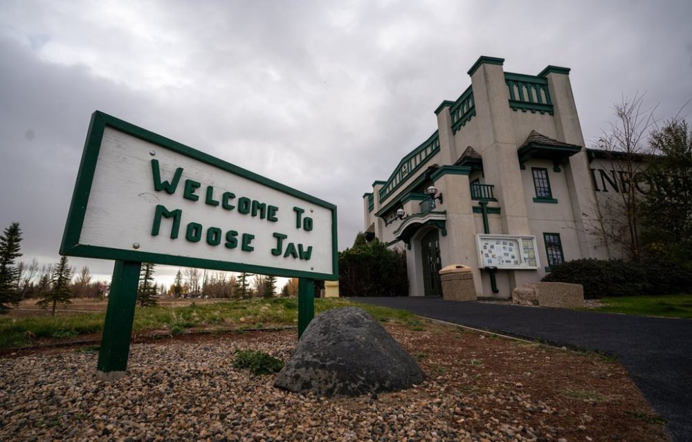 A sign can be seen in front of a visitor centre in Moose Jaw, Sask., on Thursday, Oct. 24, 2024. THE CANADIAN PRESS/Heywood Yu