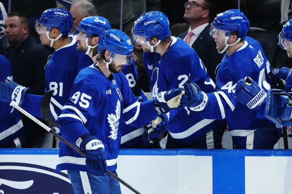 Toronto Maple Leafs' Oliver Ekman-Larsson (95) celebrates his goal against the Nashville Predators during first period NHL hockey action in Toronto on Tuesday, October 14, 2025. THE CANADIAN PRESS/Nathan Denette