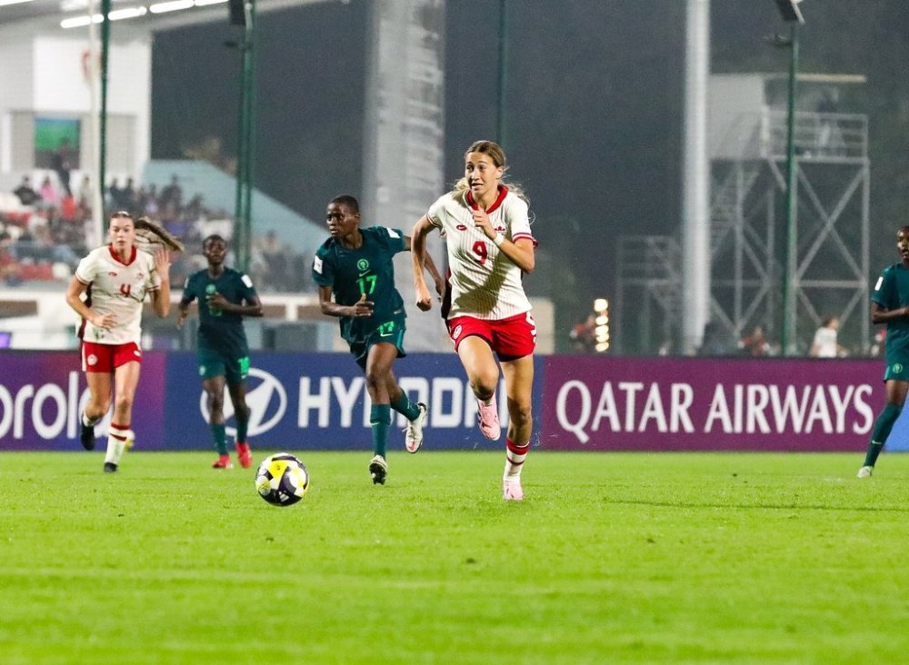 Canadian Melisa Kekic (9) is seen during Canada's 4-1 win over Nigeria at the FIFA U-17 Women's World Cup group play, in this handout photo, at Football Academy Mohammed VI in Sale, Morocco, on Sunday, Oct. 19, 2025. THE CANADIAN PRESS/Handout - Canada Soccer (Mandatory Credit)