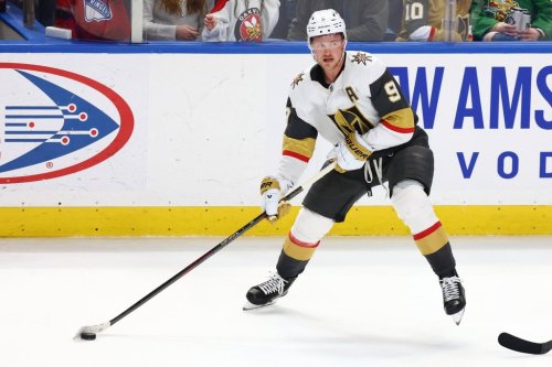 FILE - Vegas Golden Knights center Jack Eichel (9) skates with the puck during the third period of an NHL hockey game against the Buffalo Sabres Saturday, March 15, 2025, in Buffalo, N.Y. (AP Photo/Jeffrey T. Barnes, File)
