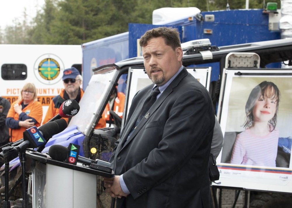 Staff Sgt. Rob McCamon, Acting Officer Major Crime, speaks to reporters about the search for six-year-old Lilly Sullivan and four-year-old Jack Sullivan, in Lansdowne Station, N.S., May 7, 2025. THE CANADIAN PRESS/Ron Ward