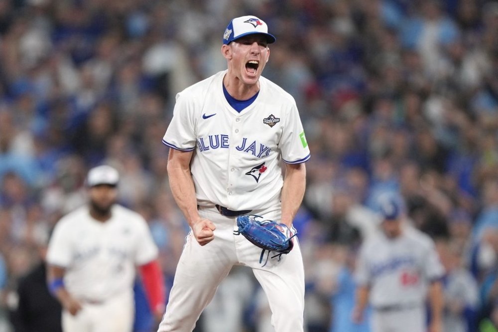 Toronto Blue Jays pitcher Chris Bassitt (40) reacts after the final out of the top of the eighth inning of Game 1 World Series playoff MLB baseball action against the Los Angeles Dodgers in Toronto on Friday, Oct. 24, 2025. THE CANADIAN PRESS/Nathan Denette