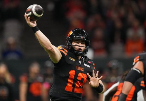 B.C. Lions quarterback Nathan Rourke passes during the first half of a CFL football game against the Edmonton Elks, in Vancouver, on Friday, Oct. 17, 2025. THE CANADIAN PRESS/Darryl Dyck