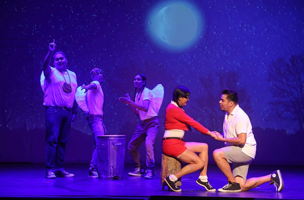 Melody McArthur, who plays Sandy, and Bryce Morin, who plays Danny, meet in the first scene of the musical Bear Grease at the Aud Theatre in Virden during a matinee show of the musical for students on Monday afternoon. The indigenous take on the classic 1978 musical Grease opened an eastern Canada tour Sunday evening in Virden with their first performance following a two-month off broadway run in New York City, where it earned the recognition of being the longest indigenous off broadway musical run. The musical heads to Winnipeg and then to Canada’s east coast for a series of performances. Bear Grease had its debut at the Edmonton Fringe Festival in 2021. The Aud Theatre opened in Virden in 1912 and was one of the last opera houses of its kind to be built in Manitoba.
(Tim Smith/The Brandon Sun)