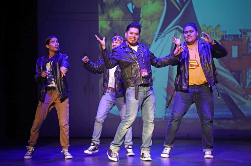 Cast members in the musical Bear Grease perform at the Aud Theatre in Virden during a matinee show of the musical for students on Monday afternoon. The indigenous take on the classic 1978 musical Grease opened an eastern Canada tour Sunday evening in Virden with their first performance following a two-month off broadway run in New York City, where it earned the recognition of being the longest indigenous off broadway musical run. The musical heads to Winnipeg and then to Canada’s east coast for a series of performances. Bear Grease had its debut at the Edmonton Fringe Festival in 2021. The Aud Theatre opened in Virden in 1912 and was one of the last opera houses of its kind to be built in Manitoba. 
(Tim Smith/The Brandon Sun)