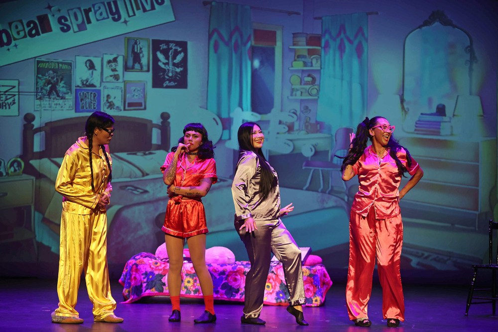 Cast members in the musical Bear Grease perform at the Aud Theatre in Virden during a matinee show of the musical for students on Monday afternoon. The indigenous take on the classic 1978 musical Grease opened an eastern Canada tour Sunday evening in Virden with their first performance following a two-month off broadway run in New York City, where it earned the recognition of being the longest indigenous off broadway musical run. The musical heads to Winnipeg and then to Canada’s east coast for a series of performances. Bear Grease had its debut at the Edmonton Fringe Festival in 2021. The Aud Theatre opened in Virden in 1912 and was one of the last opera houses of its kind to be built in Manitoba.
(Tim Smith/The Brandon Sun)