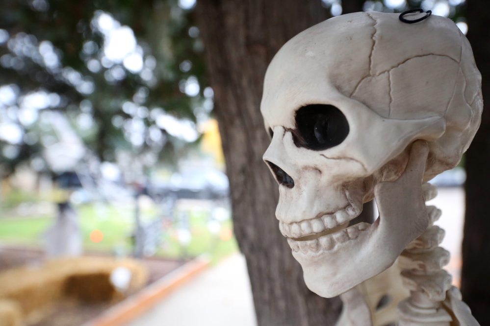 A grinning skeleton greets sidewalk pedestrians outside the Scare Away Hunger Halloween-themed yard on Cedar Bay. (Matt Goerzen/The Brandon Sun)
