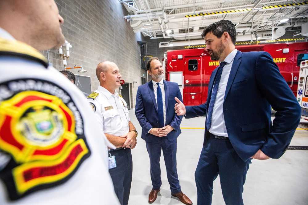 Winnipeg fire and paramedic chief Christian Schmidt (left) chats with provincial Justice Minister Matt Wiebe and federal Justice Minister Sean Fraser after a press conference about the Bail and Sentencing Reform Act on Tuesday. (Mikaela MacKenzie/Winnipeg Free Press)
For Scott Billeck story.
Free Press 2025