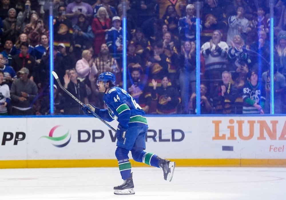 Vancouver Canucks' Kiefer Sherwood celebrates his second goal against the St. Louis Blues during the second period of an NHL hockey game, in Vancouver, on Monday, Oct. 13, 2025. THE CANADIAN PRESS/Darryl Dyck