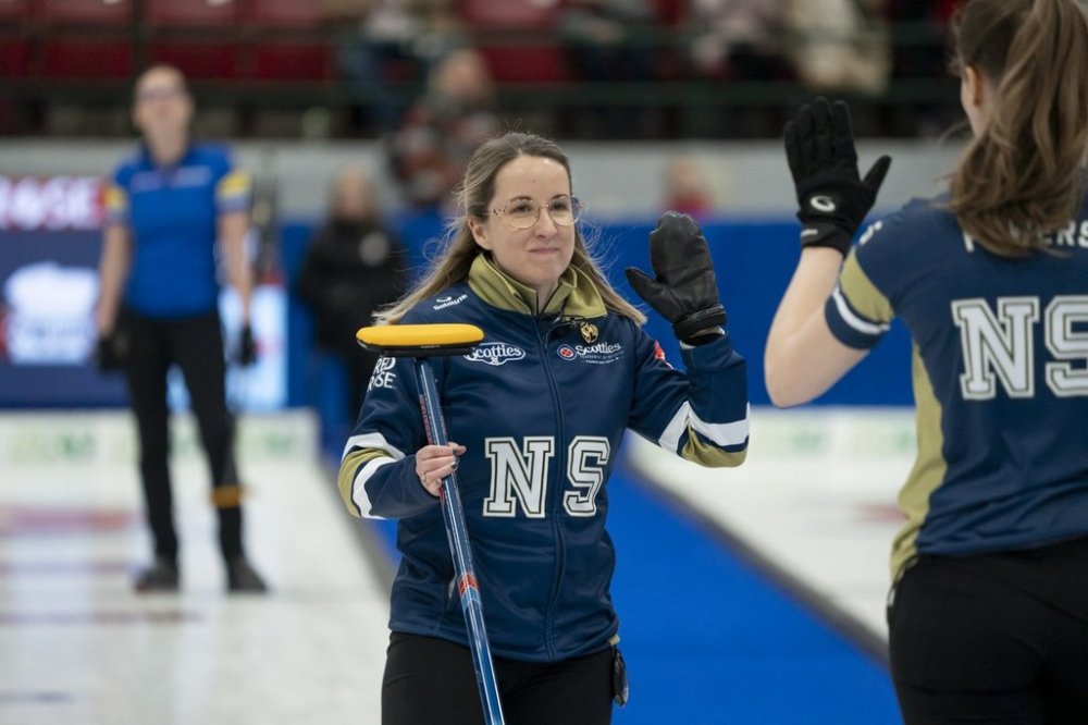 Team Nova Scotia skip Christina Black reacts after her team's quarterfinal win over Alberta during the Scotties Tournament of Hearts action in Thunder Bay, Ont., Saturday, Feb. 22, 2025. THE CANADIAN PRESS/David Jackson