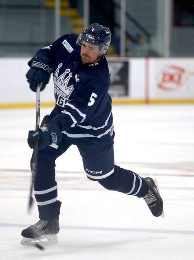 Dauphin defenceman Dylan Miko fires a wrister from the blue-line during warmups against Neepawa at Yellowhead Community Recreation Centre on Friday. (Massimo De Luca-Taronno/The Brandon Sun)