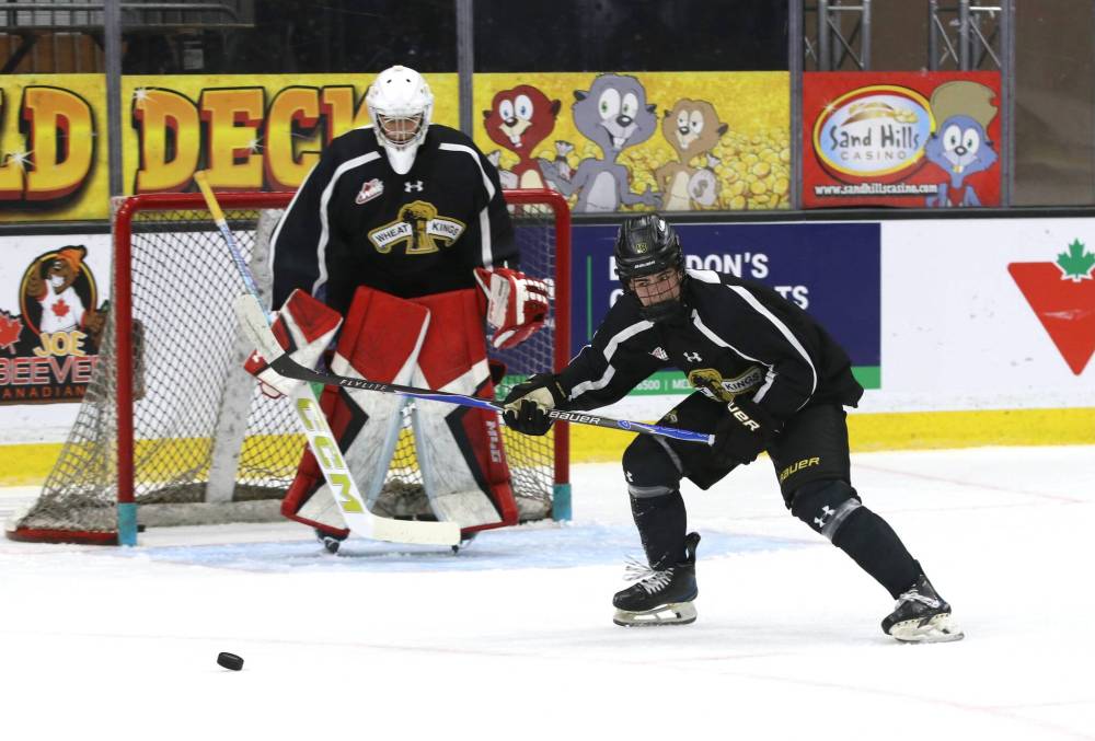 Brandon Wheat Kings callup Cruz Jim chases after the puck in front of goalie Filip Ruzicka during practice at Assiniboine Credit Union Place on Friday afternoon. (Perry Bergson/The Brandon Sun)
Oct. 4, 2025