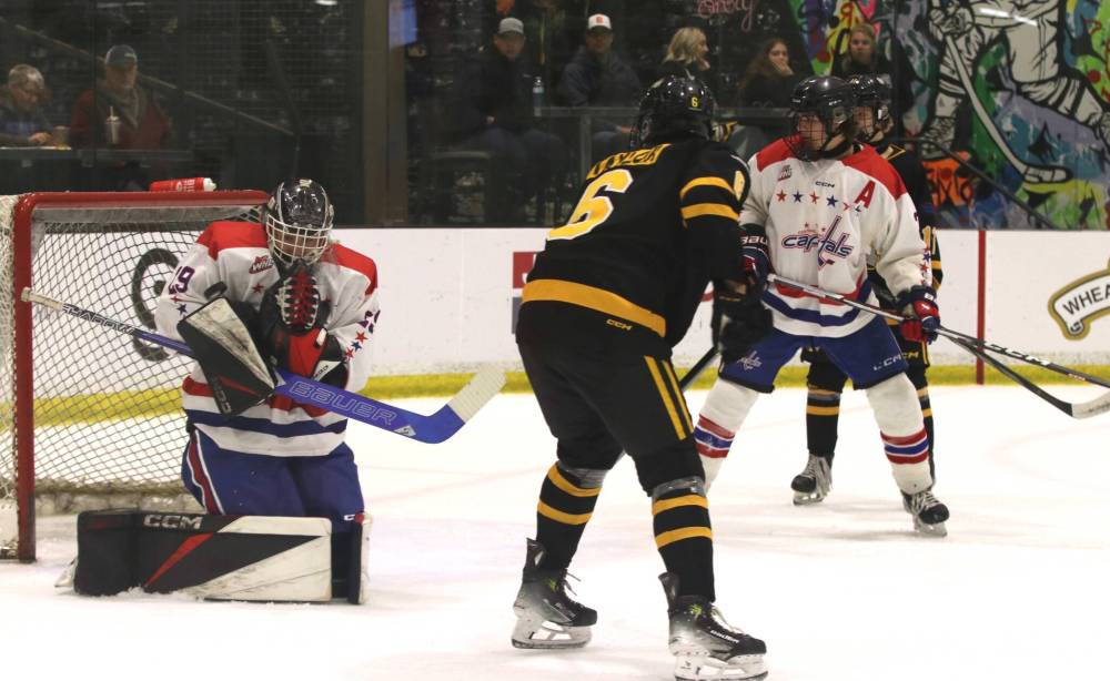 Central Plains Capitals goalie Karsen Dyck (29) makes a shoulder save as Brandon Wheat Kings defenceman Grady Taylor (6) and Capitals defenceman Tyler Kendall (2) look on during Manitoba U18 AAA Hockey League action at J&G Homes Arena on Sunday. Brandon won 12-1. (Perry Bergson/The Brandon Sun)
Oct. 5, 2025