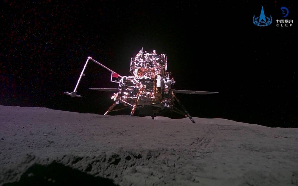 This China National Space Administration (CNSA) handout image released by Xinhua News Agency, shows the lander-ascender combination of Chang’e-6 probe taken by a mini rover after it landed on the moon surface in June 2024. Columnist Sharon Bill tells us about Space Week — a celebration of milestones in space travel. (CNSA)