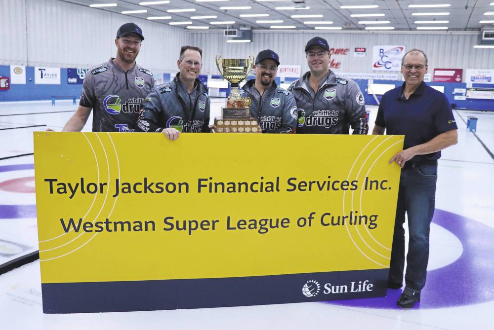 Team Irwin’s Travis Brooks, Travis Gouldie, Travis Taylor and Steve Irwin pose with Shawn Taylor of Taylor Jackson Financial Services after receiving the trophy as Westman Super League of Curling Champions. (Brandon Sun files)
