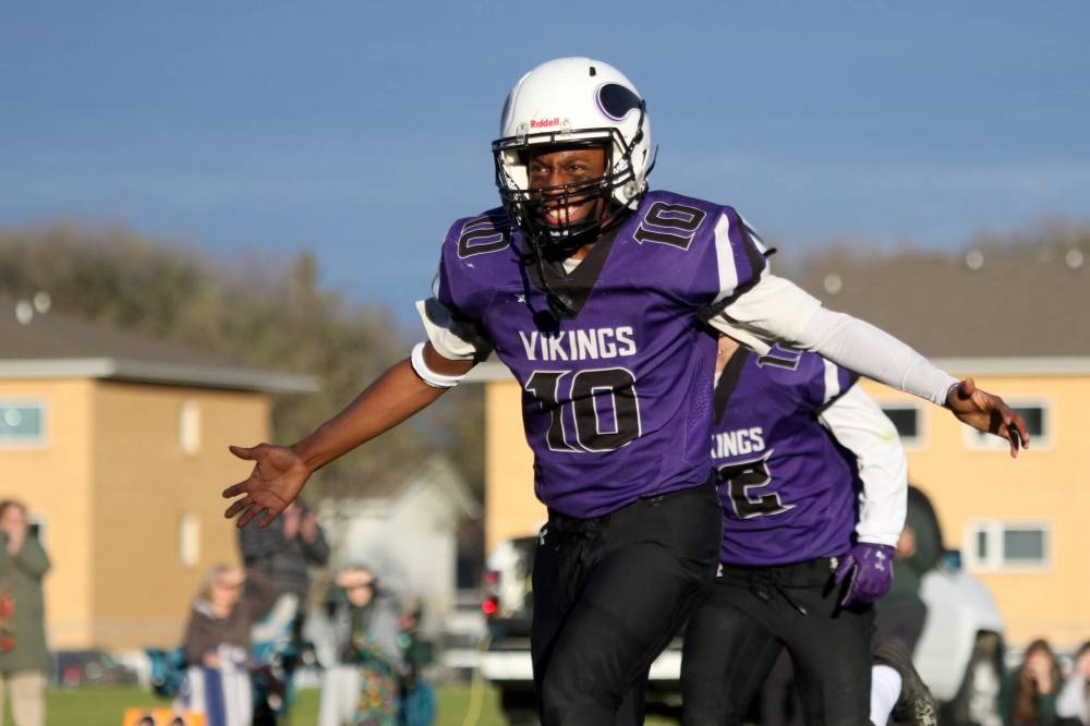 Lota Okaekwu rushed 15 times for 170 yards and a touchdown as the Vincent Massey Vikings beat the Grant Park Pirates 20-14 in Winnipeg High School Football League JV nine-man action at Doug Steeves Field on Tuesday. (Thomas Friesen/The Brandon Sun)