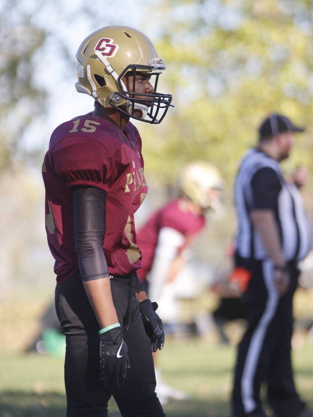 Ezra Adenenye (#15) lines up prior to the snap during second quarter action. (Massimo De Luca-Taronno/The Brandon Sun)