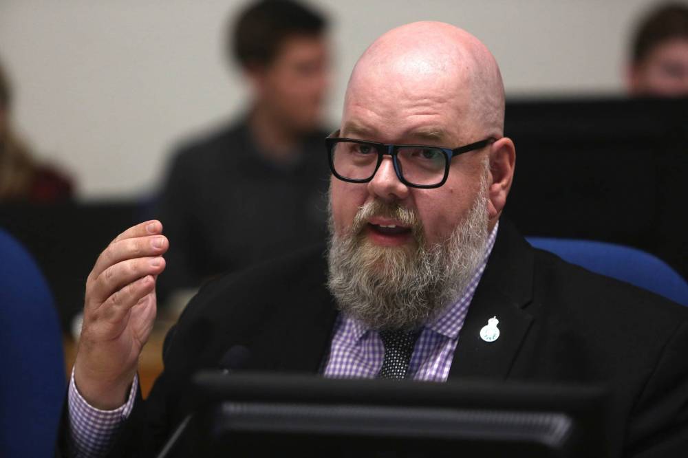 Coun. Shaun Cameron raises concerns about the city’s recycling depots during Monday’s council meeting. Council approved the closure of all three of its depots on Monday. (Alex Lambert/The Brandon Sun)