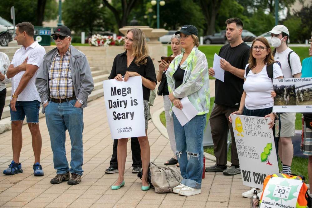 A rally to oppose North Dakota mega-dairies that could threaten the Red River Watershed was held outside the Manitoba Legislative Building in Winnipeg on Aug. 21. (Brook Jones/Winnipeg Free Press files)