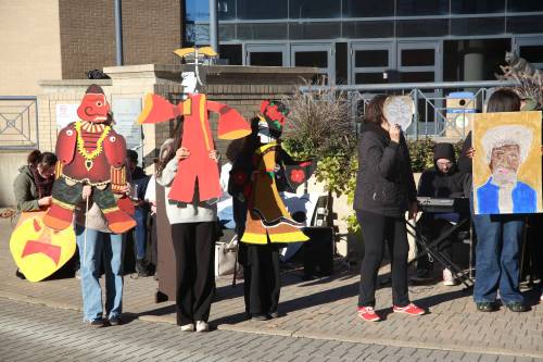 Brandon University students perform “A Fool’s Guide to World Theatre History” in the Clark Hall courtyard on Friday morning. (Abiola Odutola/The Brandon Sun)