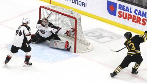 Vancouver Giants goaltender Burke Hood (35) watches the puck hit just inside his elbow on a power-play one-timer by Brandon Wheat Kings forward Jordan Gavin (13) as Giants defenceman Jan Skok (34) looks on during Western Hockey League action at Assiniboine Credit Union Place on Friday. (Perry Bergson/The Brandon Sun)
                                Oct. 10, 2025