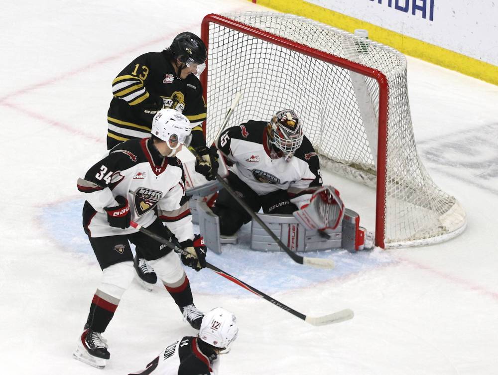Vancouver Giants goaltender Burke Hood (35) makes a pad save as Brandon Wheat Kings forward Jordan Gavin (13) tries to get his stick on the puck under the supervision of Giants defenceman Jan Skok (34) during Western Hockey League action at Assiniboine Credit Union Place on Friday. (Perry Bergson/The Brandon Sun)
Oct. 10, 2025
