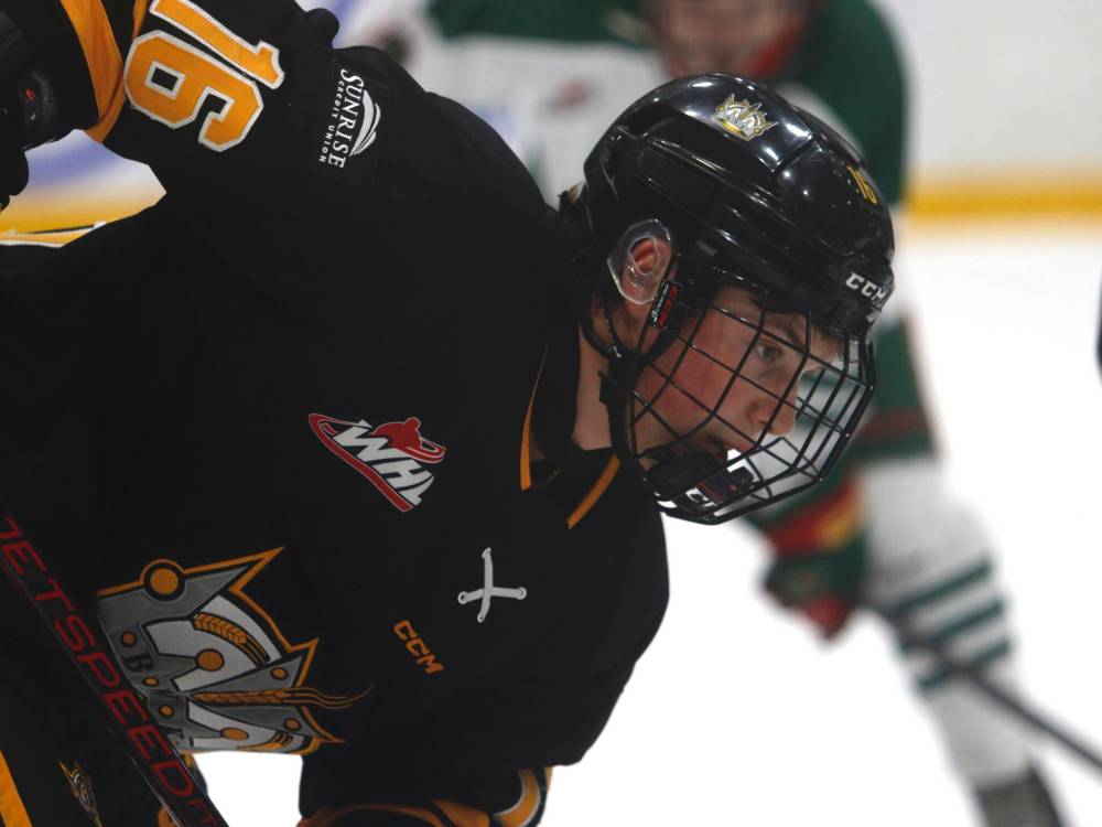 Hudson Champagne, shown on Sunday, had the lone goal in the shootout on Saturday as the Brandon Wheat Kings beat the Winnipeg Wild 4-3 in Manitoba U18 AAA Hockey League action at Hockey For All Centre. (Massimo De Luca-Taronno/The Brandon Sun)
Oct. 12, 2025