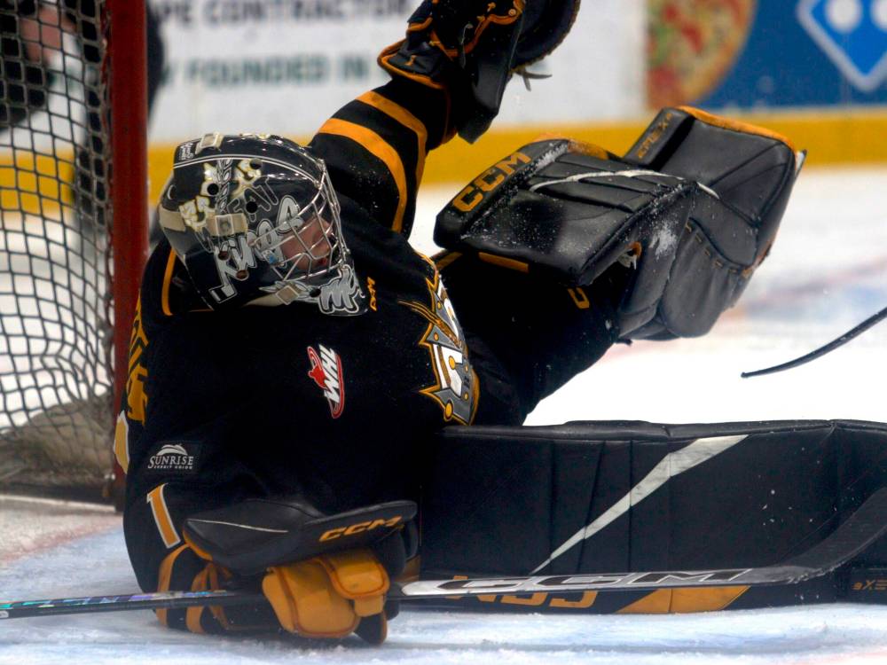 Brandon Wheat Kings goalie Urijah Moosetail makes one of his 39 saves during a 4-1 loss to the Winnipeg Wild in Manitoba U18 AAA Hockey League action at Hockey For All Centre on Sunday. (Massimo De Luca-Taronno/The Brandon Sun)
Oct. 12, 2025