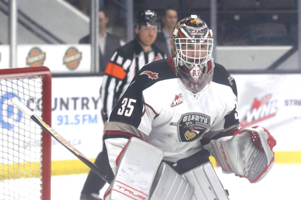 Vancouver Giants goalie Burke Hood played his first and likely only Western Hockey League game in his hometown in a 4-3 loss to the Brandon Wheat Kings on Friday. While he tried not to let the moment overwhelm him with lots of family and friends in attendance, he enjoyed the experience. (Perry Bergson/The Brandon Sun)