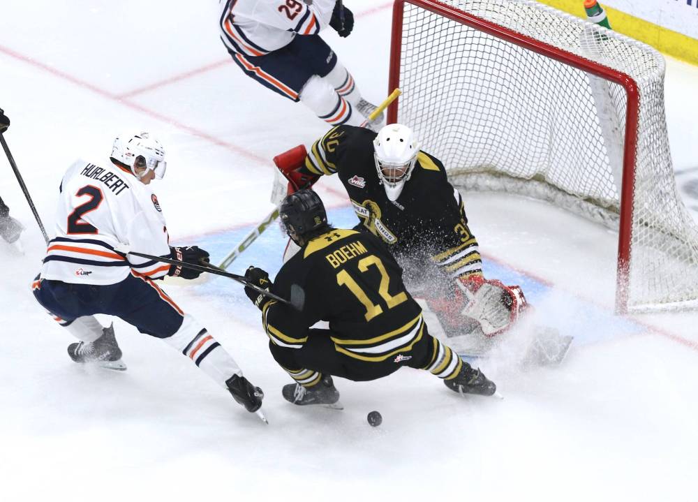 The puck squirts out after Brandon Wheat Kings goalie Filip Ruzicka (30) made a save on a partial breakaway as Kamloops Blazers forward JP Hurlbert (2) and Brandon defenceman Nigel Boehm rush to the net (12) in Western Hockey League action at Assiniboine Credit Union Place on Thursday. (Perry Bergson/The Brandon Sun)
Oct. 16, 2025