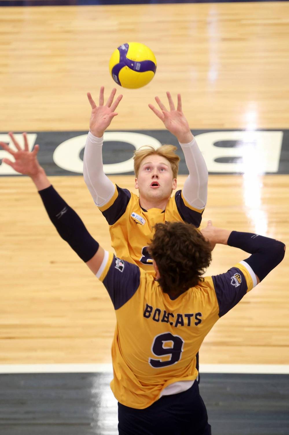 Kale Fisher sets the ball to Riley Brunet (9) during a pre-season match at home last month. Both could be in line for a big jump in playing time this year. (Tim Smith/The Brandon Sun)