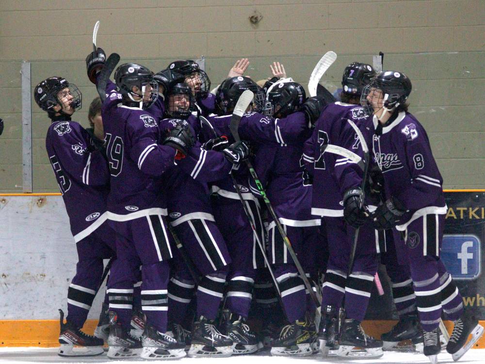 The Vincent Massey Vikings celebrate after sweeping their home-and-home series against the Crocus Plainsmen. (Massimo De Luca-Taronno/The Brandon Sun)